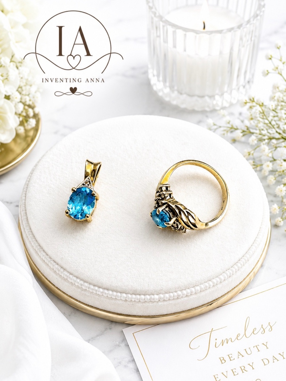 RING/PENDANT SET Blue Topaz Pendant and Ring Set 14K Yellow Gold